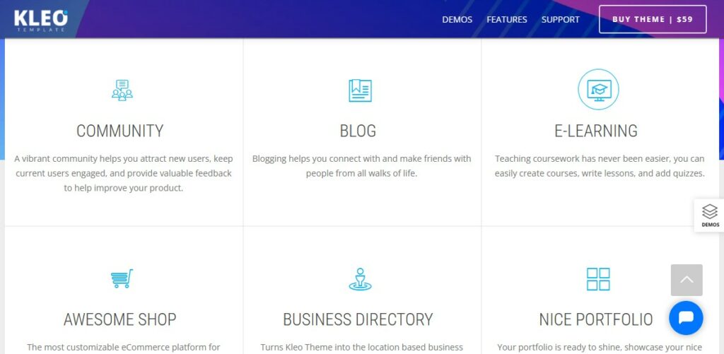 section of customizable options with community, blog, e learning and more in kleo